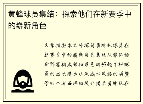 黄蜂球员集结：探索他们在新赛季中的崭新角色