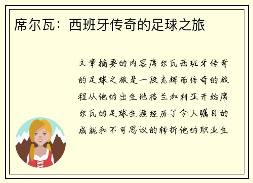 席尔瓦：西班牙传奇的足球之旅